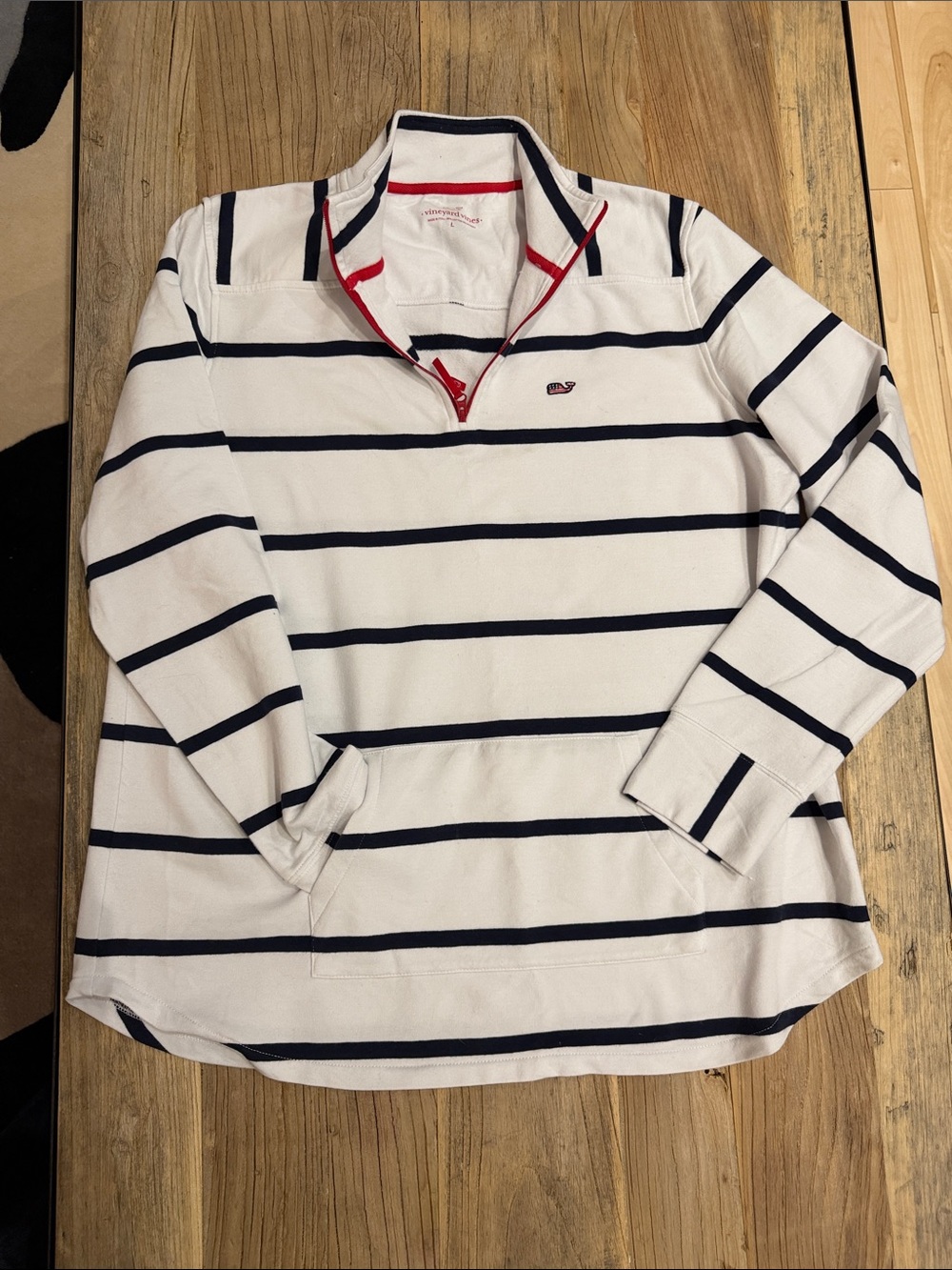 Vineyard Vines White Navy Striped Quarter-Zip Pullover with Red Trim